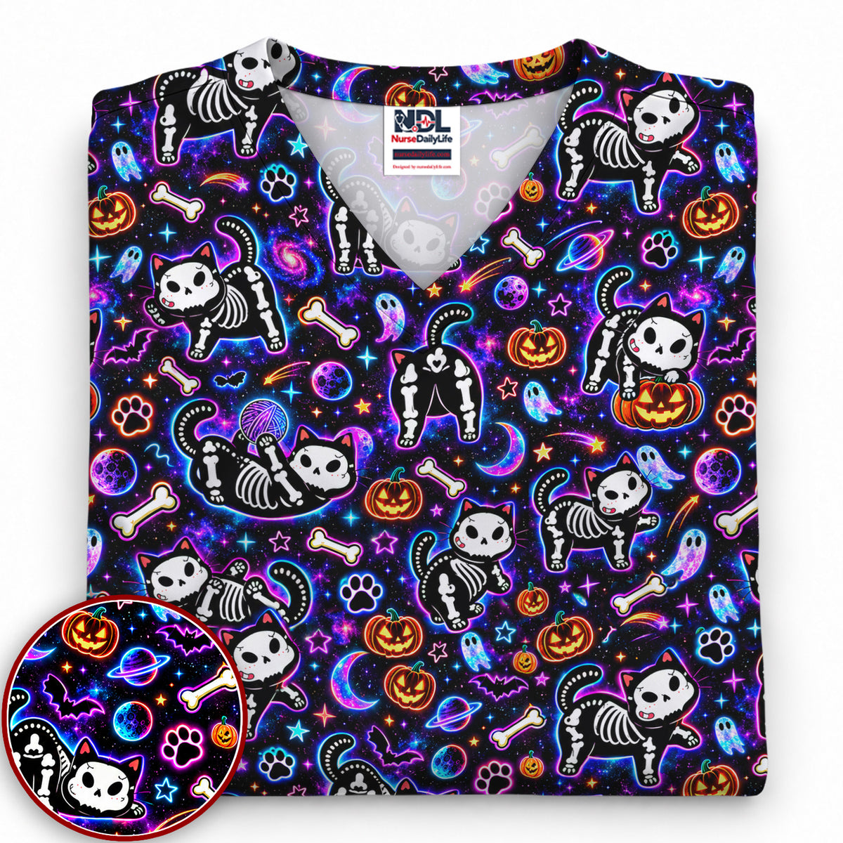 Neon Skeleton Cats and Pumpkins Halloween Nurse Scrub Set | NurseDailyLife