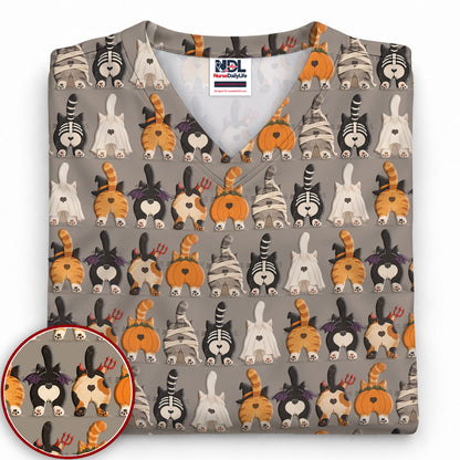 Funny Halloween Cat Butts in Skeleton Ghost and Pumpkin Costumes Nurse Scrub Top | NurseDailyLife