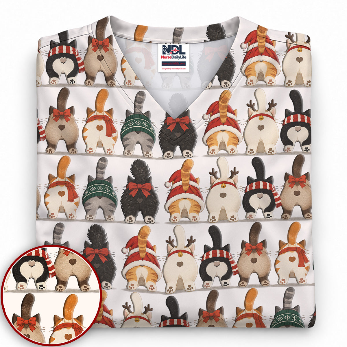 Cute Christmas Cat Butts with Festive Bows and Scarves Nurse Scrub Top | NurseDailyLife