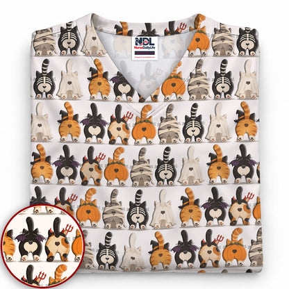Funny Halloween Cat Butts in Skeleton Ghost and Pumpkin Costumes Nurse Scrub Top | NurseDailyLife