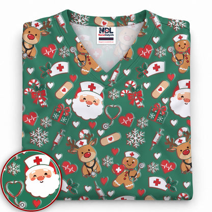 Cute Santa Reindeer and Gingerbread Christmas Nurse Scrub Top | NurseDailyLife