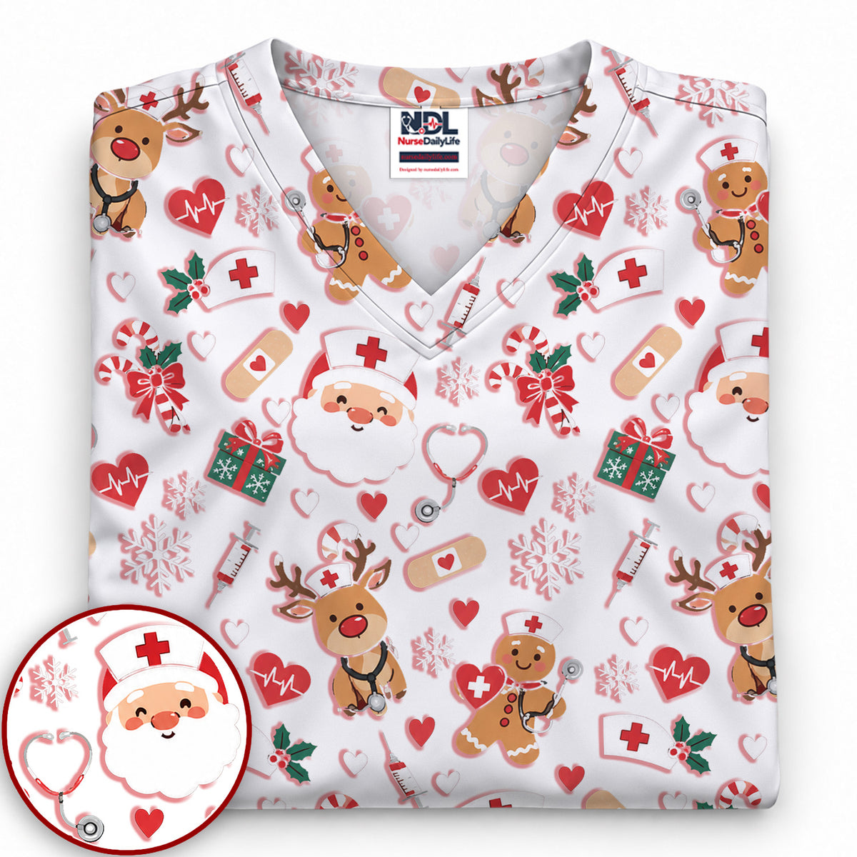 Cute Santa Reindeer and Gingerbread Christmas Nurse Scrub Top | NurseDailyLife