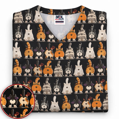 Funny Halloween Cat Butts in Skeleton Ghost and Pumpkin Costumes Nurse Scrub Top | NurseDailyLife