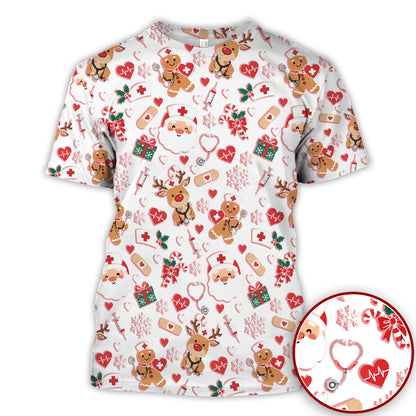Cute Santa Reindeer and Gingerbread Christmas Nurse Scrub Top | NurseDailyLife