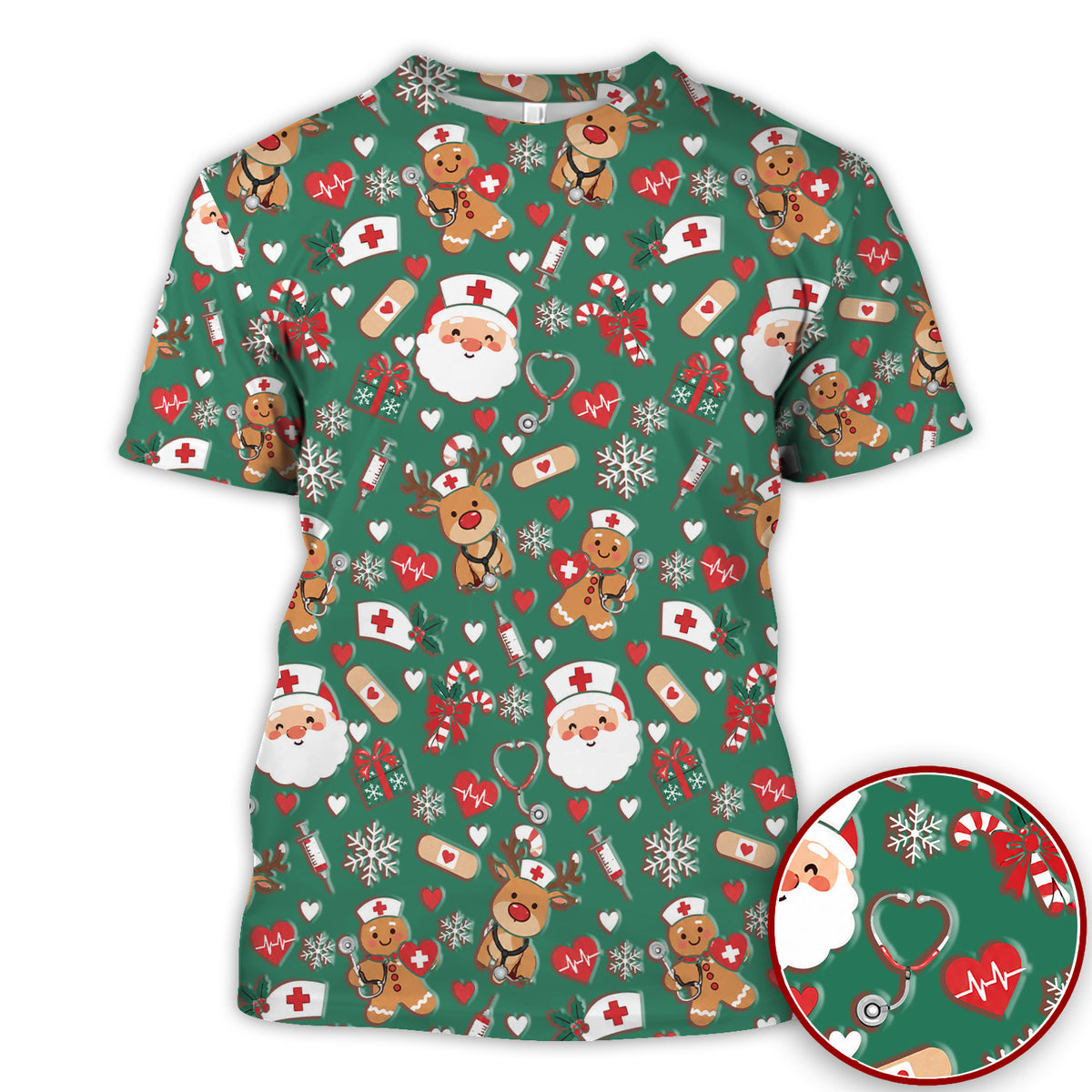 Cute Santa Reindeer and Gingerbread Christmas Nurse Scrub Top | NurseDailyLife