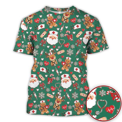 Cute Santa Reindeer and Gingerbread Christmas Nurse Scrub Top | NurseDailyLife