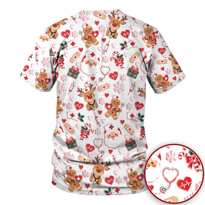 Cute Santa Reindeer and Gingerbread Christmas Nurse Scrub Top | NurseDailyLife