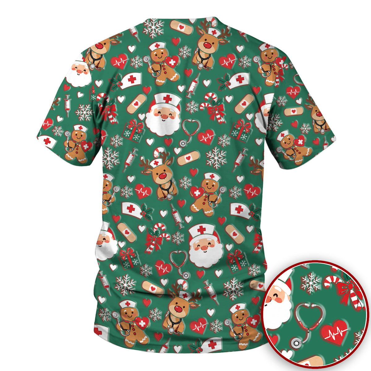 Cute Santa Reindeer and Gingerbread Christmas Nurse Scrub Top | NurseDailyLife