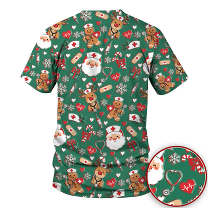 Cute Santa Reindeer and Gingerbread Christmas Nurse Scrub Top | NurseDailyLife