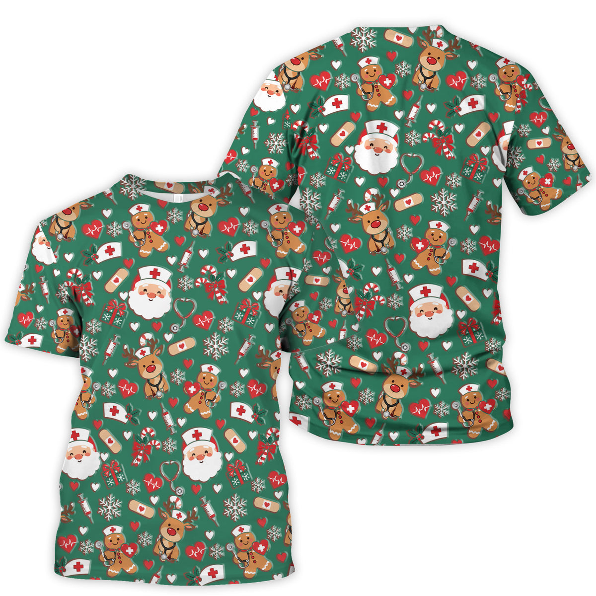 Cute Santa Reindeer and Gingerbread Christmas Nurse Scrub Top | NurseDailyLife