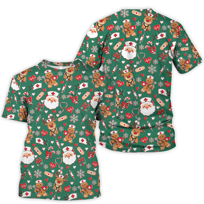 Cute Santa Reindeer and Gingerbread Christmas Nurse Scrub Top | NurseDailyLife