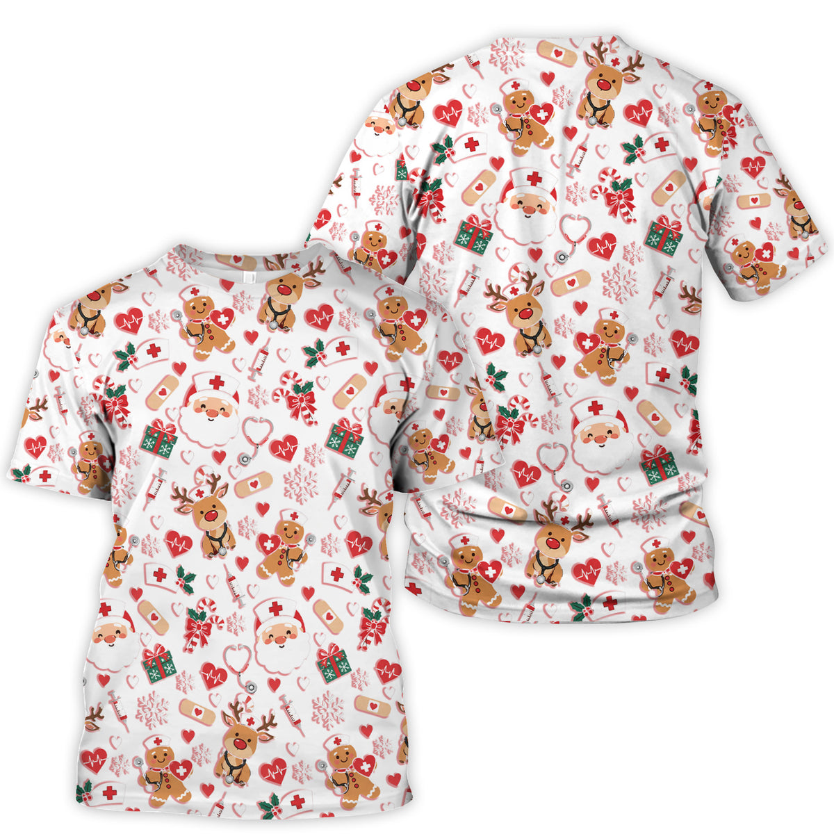 Cute Santa Reindeer and Gingerbread Christmas Nurse Scrub Top | NurseDailyLife