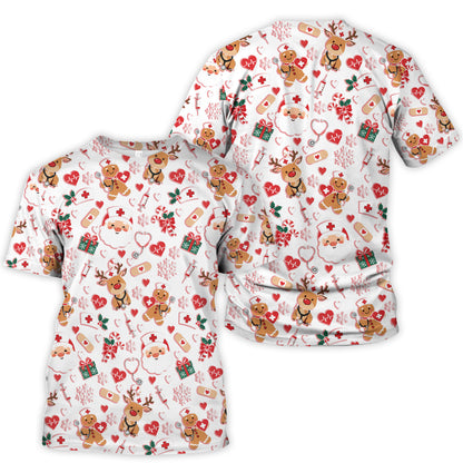 Cute Santa Reindeer and Gingerbread Christmas Nurse Scrub Top | NurseDailyLife