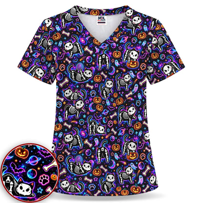 Neon Skeleton Cats and Pumpkins Halloween Nurse Scrub Set | NurseDailyLife