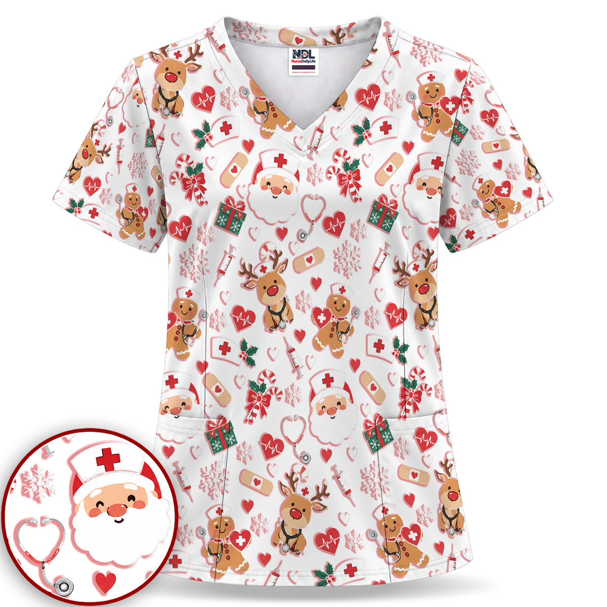 Cute Santa Reindeer and Gingerbread Christmas Nurse Scrub Top | NurseDailyLife