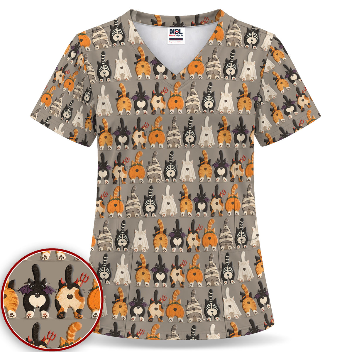 Funny Halloween Cat Butts in Skeleton Ghost and Pumpkin Costumes Nurse Scrub Top | NurseDailyLife