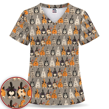 Funny Halloween Cat Butts in Skeleton Ghost and Pumpkin Costumes Nurse Scrub Top | NurseDailyLife