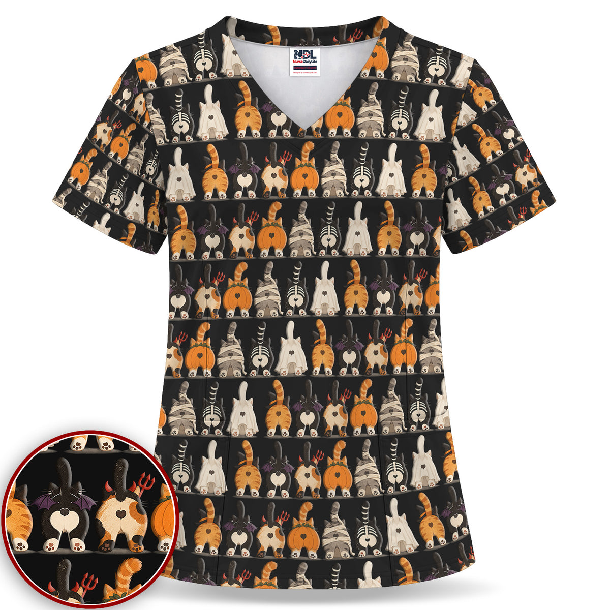 Funny Halloween Cat Butts in Skeleton Ghost and Pumpkin Costumes Nurse Scrub Top | NurseDailyLife