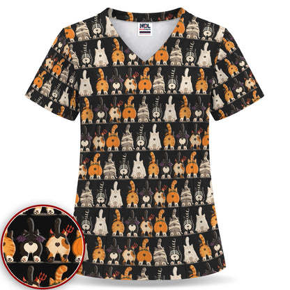 Funny Halloween Cat Butts in Skeleton Ghost and Pumpkin Costumes Nurse Scrub Top | NurseDailyLife