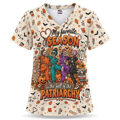 Funny Skeleton Nurse Halloween, My favorite SEASON is the fall of the PATRIARCHY Scrub Top | NurseDailyLife