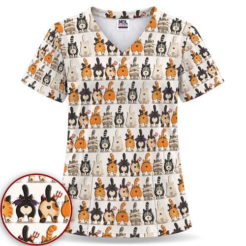 Funny Halloween Cat Butts in Skeleton Ghost and Pumpkin Costumes Nurse Scrub Top | NurseDailyLife