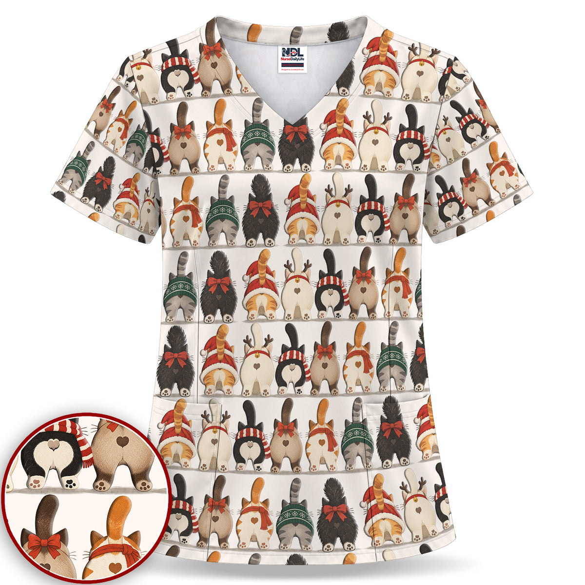 Cute Christmas Cat Butts with Festive Bows and Scarves Nurse Scrub Top | NurseDailyLife