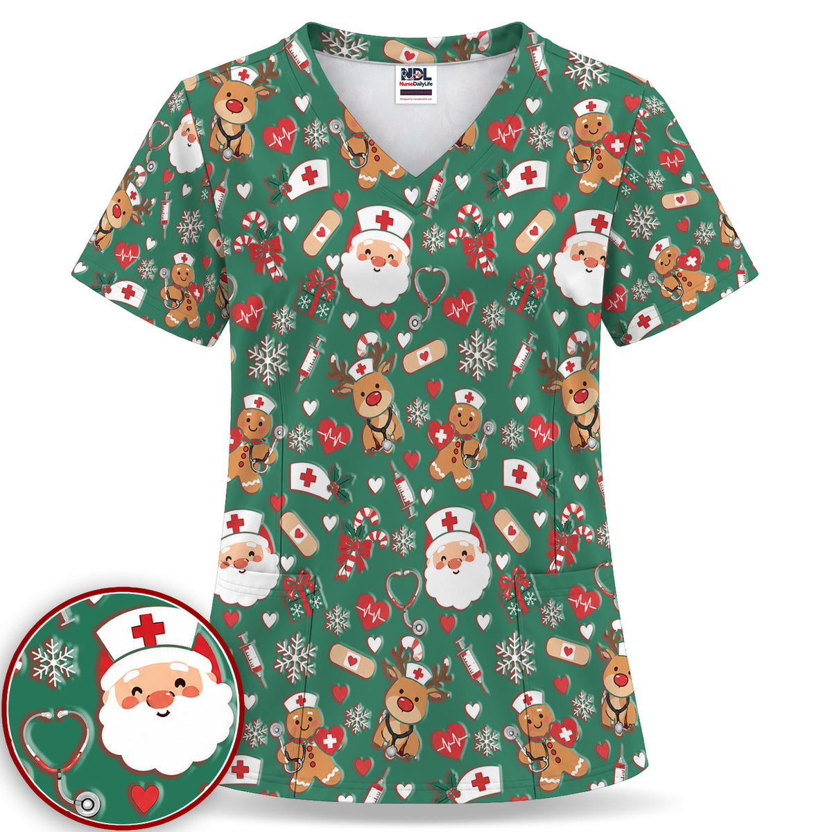 Cute Santa Reindeer and Gingerbread Christmas Nurse Scrub Top | NurseDailyLife