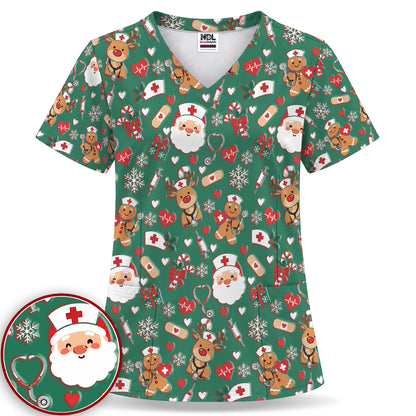 Cute Santa Reindeer and Gingerbread Christmas Nurse Scrub Top | NurseDailyLife