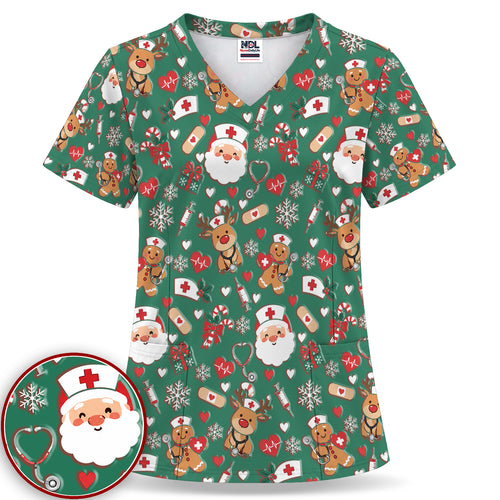 Cute Santa Reindeer and Gingerbread Christmas Nurse Scrub Top | NurseDailyLife