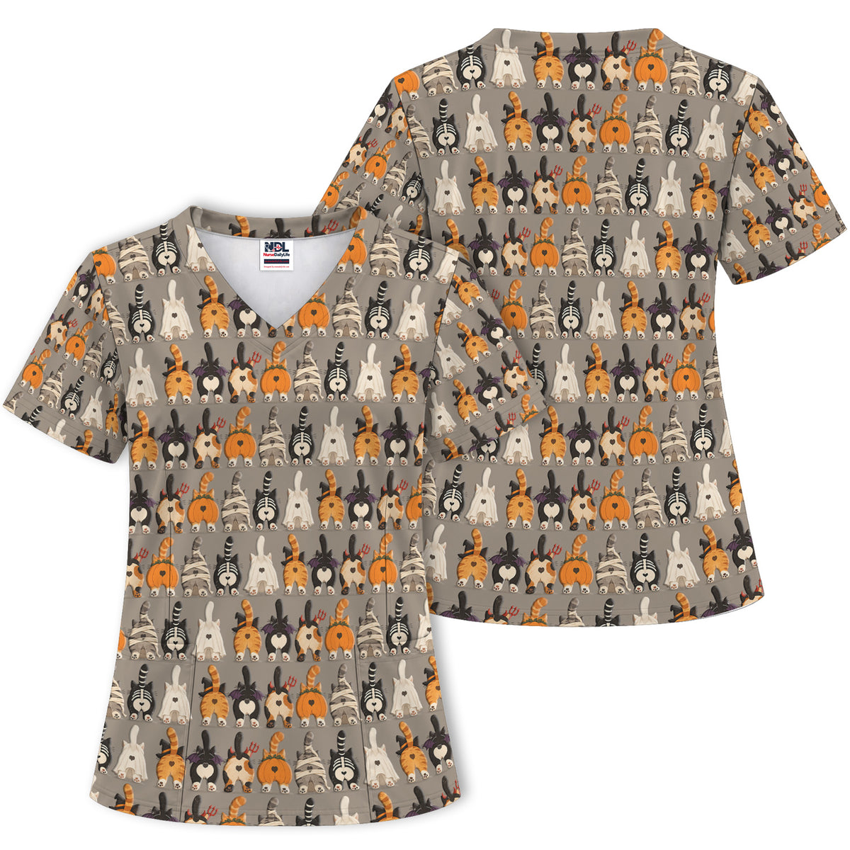 Funny Halloween Cat Butts in Skeleton Ghost and Pumpkin Costumes Nurse Scrub Top | NurseDailyLife