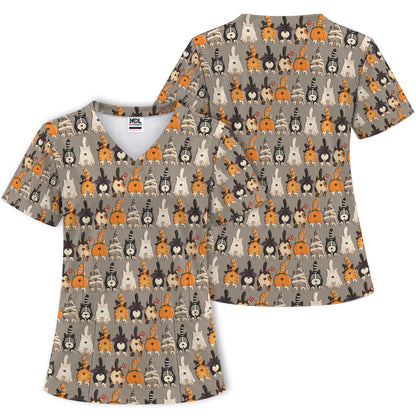 Funny Halloween Cat Butts in Skeleton Ghost and Pumpkin Costumes Nurse Scrub Top | NurseDailyLife