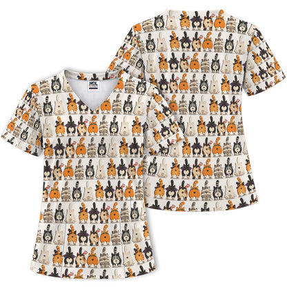 Funny Halloween Cat Butts in Skeleton Ghost and Pumpkin Costumes Nurse Scrub Top | NurseDailyLife