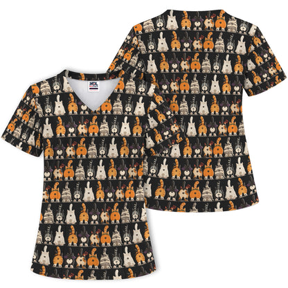 Funny Halloween Cat Butts in Skeleton Ghost and Pumpkin Costumes Nurse Scrub Top | NurseDailyLife