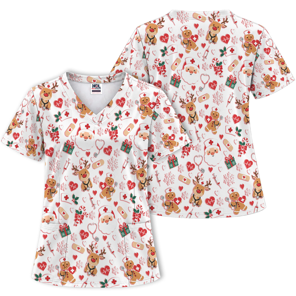 Cute Santa Reindeer and Gingerbread Christmas Nurse Scrub Top | NurseDailyLife