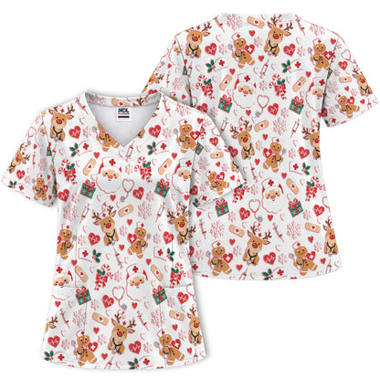 Cute Santa Reindeer and Gingerbread Christmas Nurse Scrub Top | NurseDailyLife