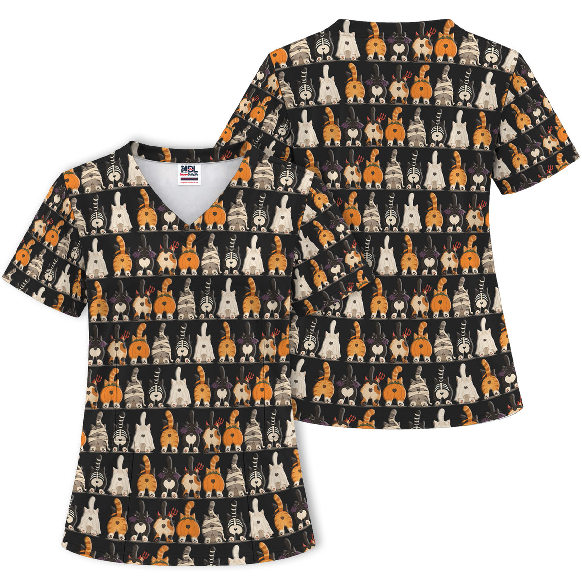 Funny Halloween Cat Butts in Skeleton Ghost and Pumpkin Costumes Nurse Scrub Set | NurseDailyLife