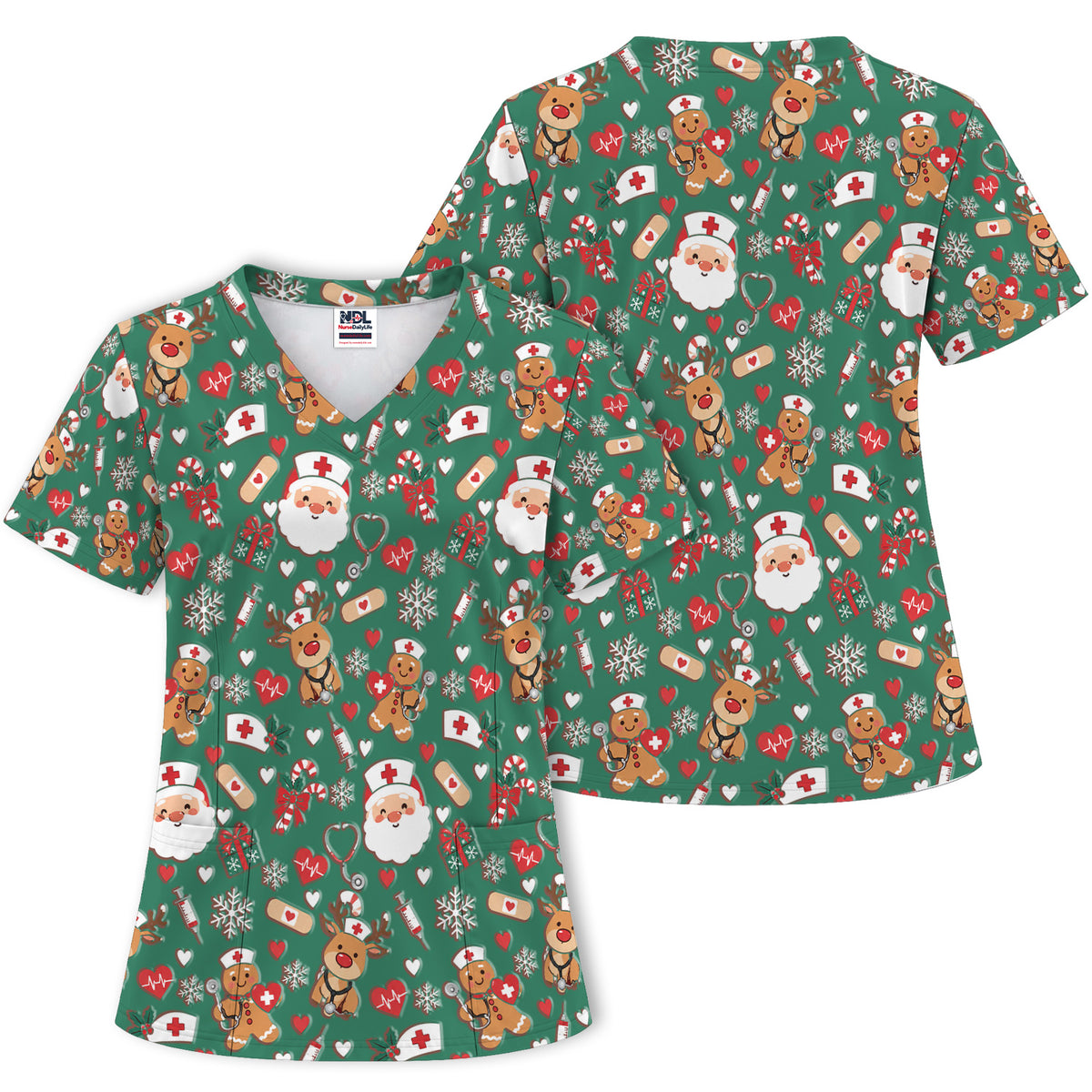 Cute Santa Reindeer and Gingerbread Christmas Nurse Scrub Top | NurseDailyLife