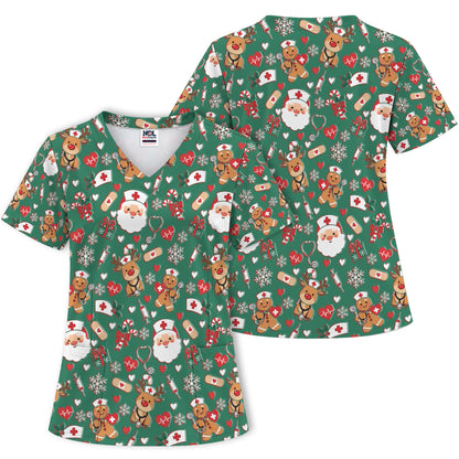 Cute Santa Reindeer and Gingerbread Christmas Nurse Scrub Top | NurseDailyLife