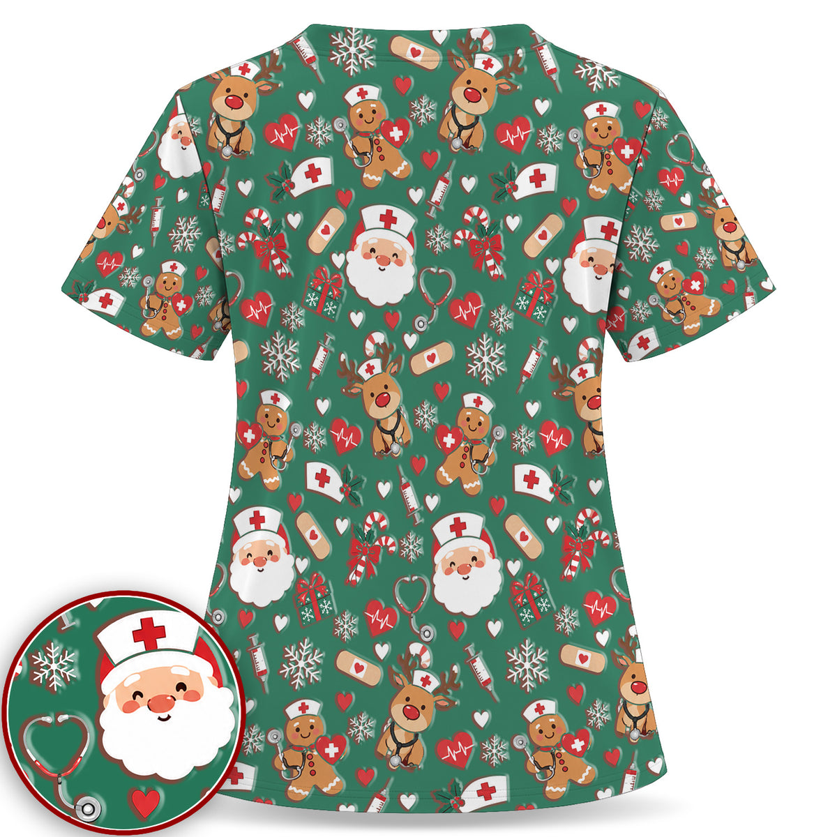 Cute Santa Reindeer and Gingerbread Christmas Nurse Scrub Top | NurseDailyLife