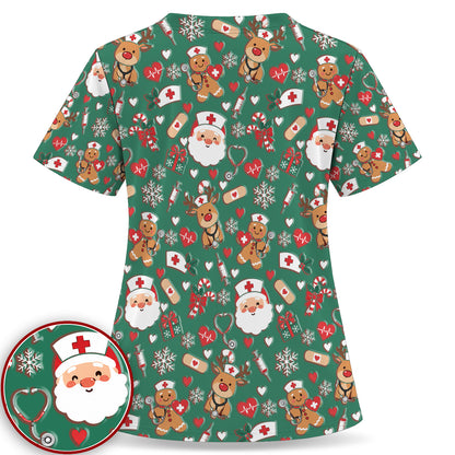 Cute Santa Reindeer and Gingerbread Christmas Nurse Scrub Top | NurseDailyLife