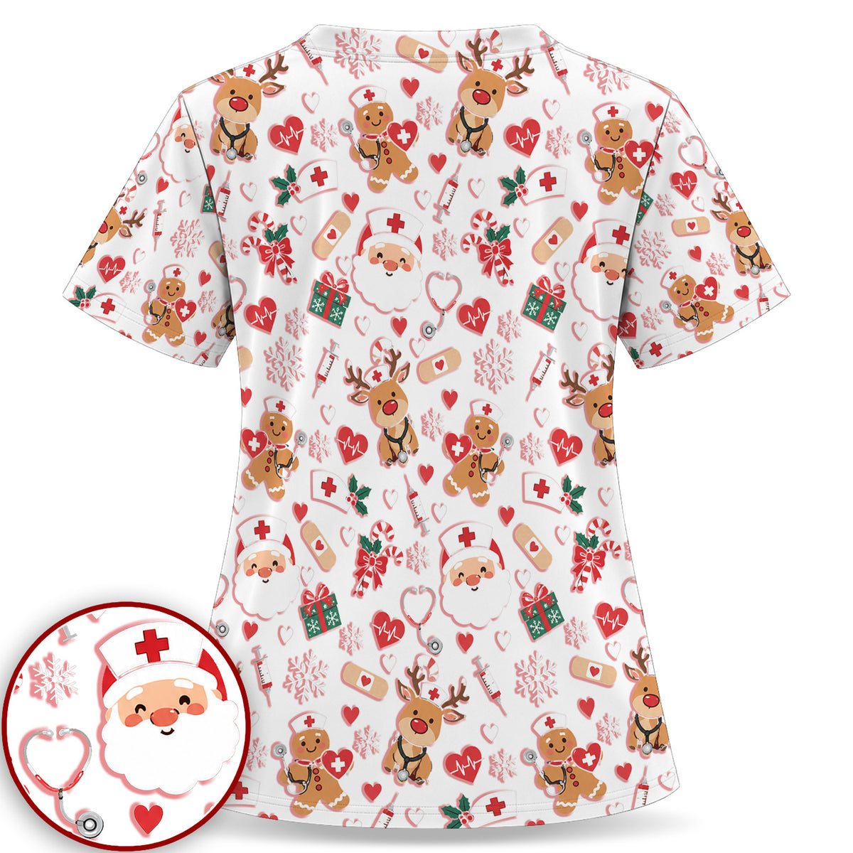 Cute Santa Reindeer and Gingerbread Christmas Nurse Scrub Top | NurseDailyLife