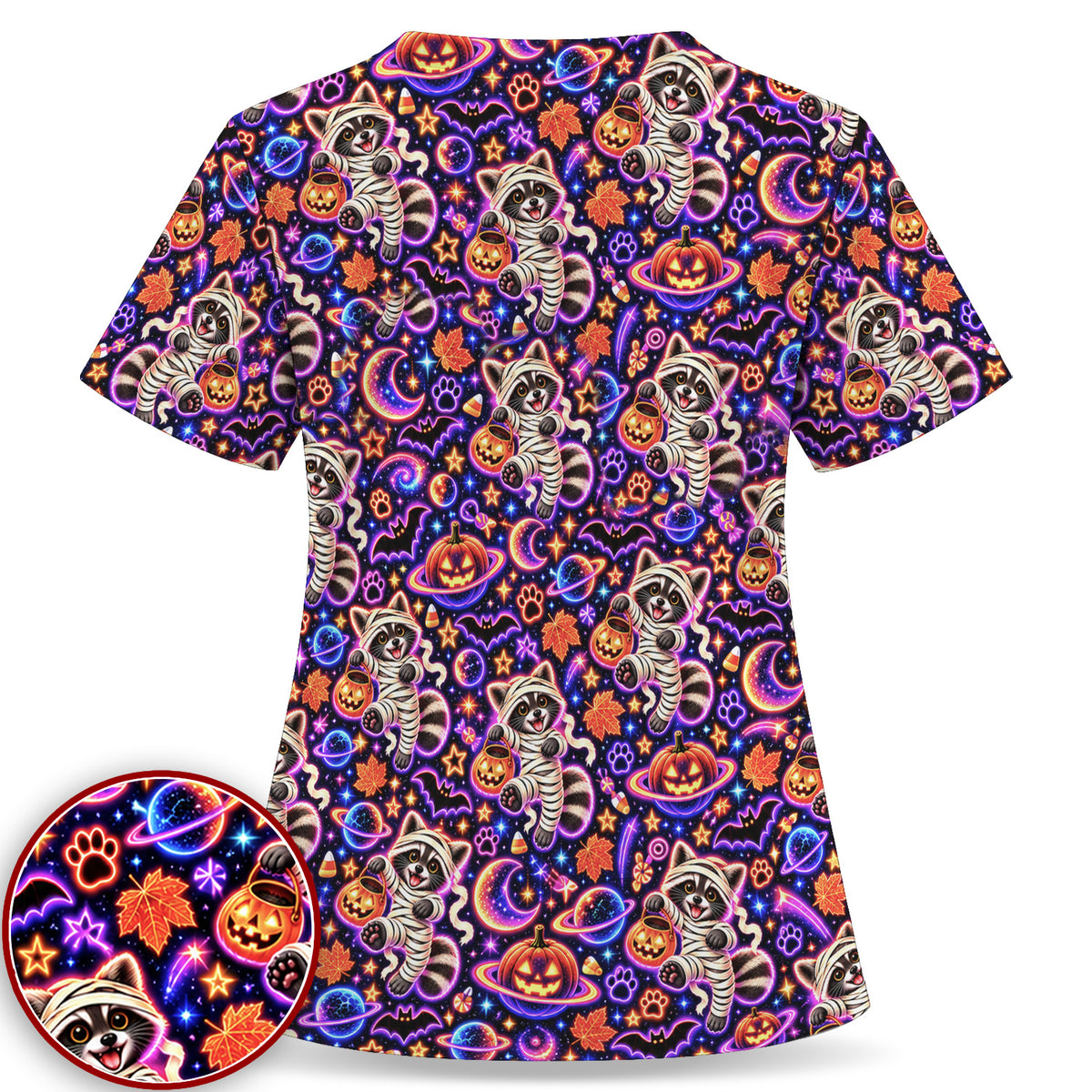 Cute Mummy Raccoons and Pumpkins Halloween Nursing Scrub Top | NurseDailyLife