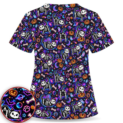 Neon Skeleton Cats and Pumpkins Halloween Nurse Scrub Set | NurseDailyLife