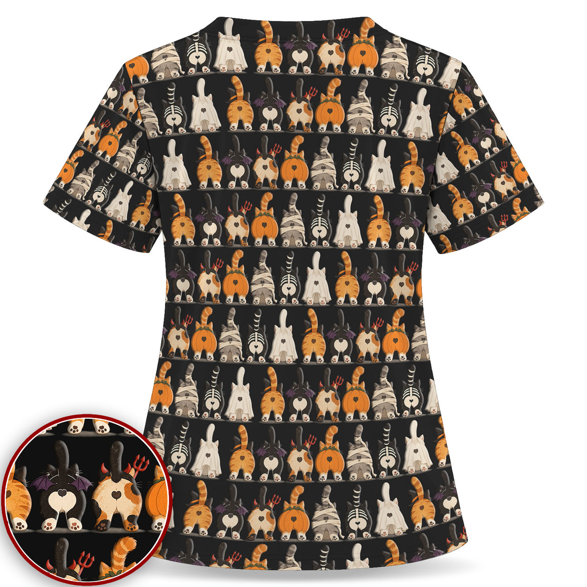 Funny Halloween Cat Butts in Skeleton Ghost and Pumpkin Costumes Nurse Scrub Top | NurseDailyLife