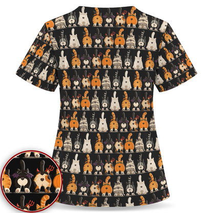 Funny Halloween Cat Butts in Skeleton Ghost and Pumpkin Costumes Nurse Scrub Top | NurseDailyLife