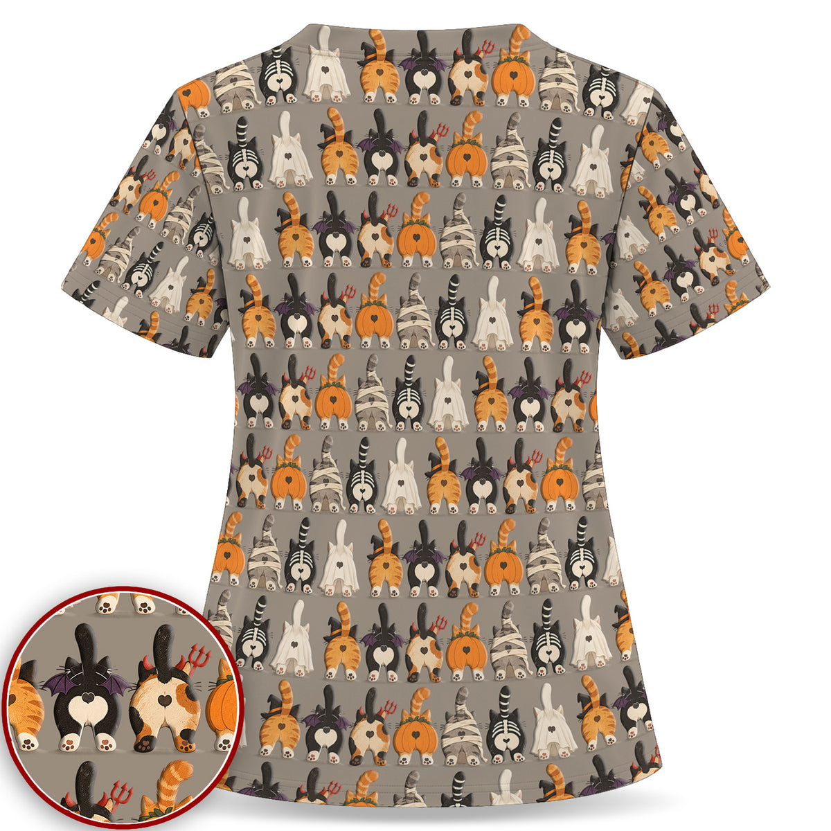 Funny Halloween Cat Butts in Skeleton Ghost and Pumpkin Costumes Nurse Scrub Top | NurseDailyLife