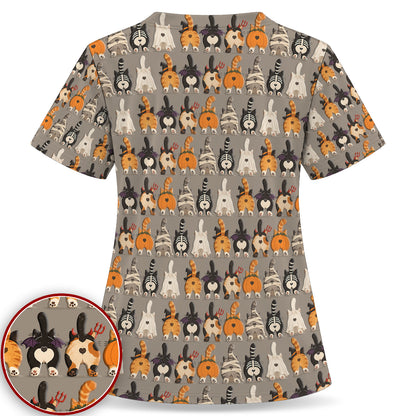 Funny Halloween Cat Butts in Skeleton Ghost and Pumpkin Costumes Nurse Scrub Top | NurseDailyLife