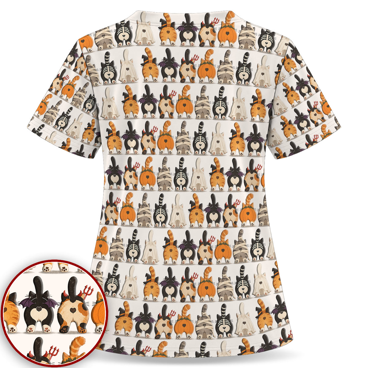 Funny Halloween Cat Butts in Skeleton Ghost and Pumpkin Costumes Nurse Scrub Top | NurseDailyLife