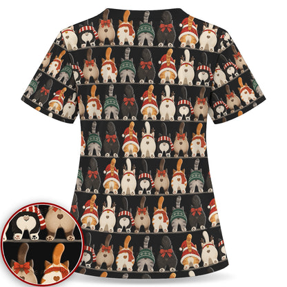 Cute Christmas Cat Butts with Festive Bows and Scarves Nurse Scrub Top | NurseDailyLife