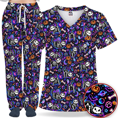 Neon Skeleton Cats and Pumpkins Halloween Nurse Scrub Set | NurseDailyLife